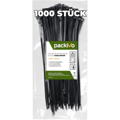 PACKIVO Cable Ties, Black, 250 mm x 4.8 mm, Pack of 1000 Cable Ties, UV Resistant, Long, Black Cable Ties with 22 kg, Tensile Strength Can Be Used for Indoor and Outdoor Use, Household, Office