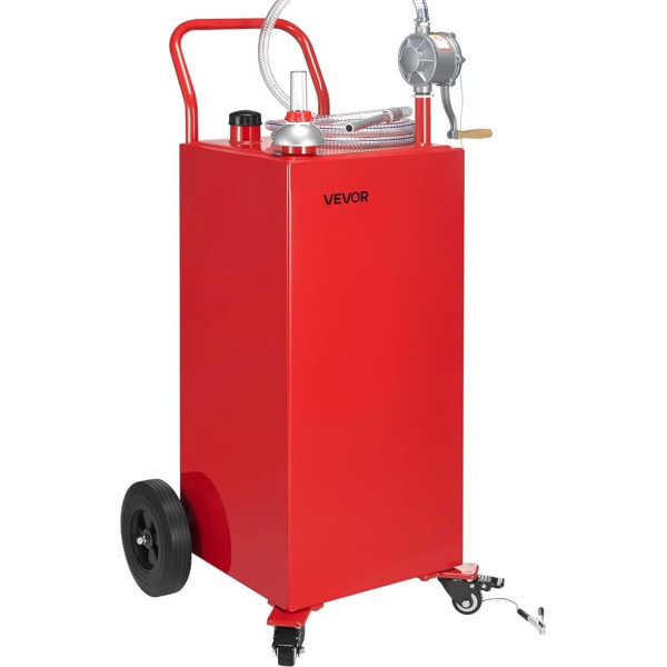 VEVOR 150L Fuel Trolley Petrol Diesel Tank with Manual Transfer Pump, Fuel Tank with 4 Wheels and 3 Foot Hose for Cars, Lawnmowers, ATVs, Boats, Red