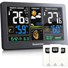 Newentor Wireless Weather Station with 3 Outdoor Sensors, Wireless Weather Station with Weather Forecast, Temperature Warning, DCF Radio-Controlled Clock, Battery Operated and Mains Operated, Black