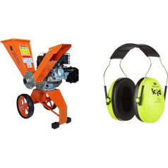 Forest Master FM6DD Petrol 4-Stroke Motor Wood Garden Chipper, 6 HP, Orange, 780 x 480 x 910 & 3M Peltor Kid Hearing Protection Children, Neon Green, Ear Defenders with Adjustable Headband