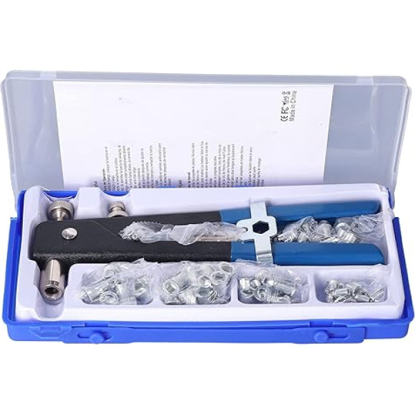 Yomiyuyr Riveting Gun Set, Pop Rivet Gun Stainless Steel with Aluminum Alloy Tool for Home Decoration, Woodworking and More, Includes 100 Rivets and Striving Box
