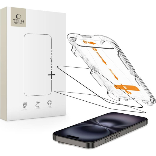 Tech-Protect Rūdīts stikls iPhone 15 / 16 ar Quick Set+ uzstādīšanas rāmi - 2 gab.