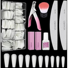 Venares Fake Nails Set, 500 Pieces Ballerina Tips for Gel Nails, 10 Sizes, Natural Full Cover Tips Nails with Nail Glue Nails File Nail Buffer Block Nail Brush Nail Clippers