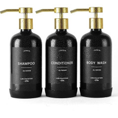 Janxin Shampoo and Conditioner Dispenser, Set of 3 Refillable 600ml Shampoo Bottles with Non-Slip Silicone Pad, Shower Soap Dispenser with Waterproof Labels for Bathroom (Black)