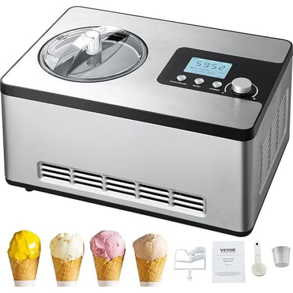 VEVOR Compressor Ice Cream Machine 2 L, 180 W Frozen Yoghurt Maker Ice Cream Machine 3 Modes Yoghurt Machine Household Portable Ice Cream Maker Sorbet Gelato Low Noise Silver Electric