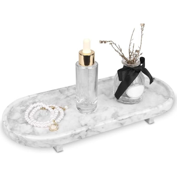 Bathroom Tray Luxurious Natural Marble Decorative Tray Oval with Leg Soap Dispenser Tray for Bathroom Towel Perfume Holder Kitchen Vanity Plant Jewellery Tray White Grey 30 x 13 x 3.8 cm