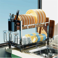 Yexati 2 Tier Large Capacity Kitchen Dish Drainer with Utensil Organization Dish Drying Rack with Chopping Board Holder Plus 3 Hooks Black