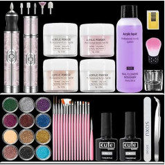Acrylpulver, Acryl-Nagel-Set, 4 Farben, Kristallpulver mit Nagelfeile, Nagelset, 75 ml Acryl-Flüssigmonomer und Nagelbohrer-Gel-Erweiterungs-Kit für Anfänger, Nagelkunst-Enthusiasten