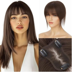 Elailite Real Human Hair Topper for Women, Dark Brown Clip-In Hair Toppers, Real Hair Topper, Women's Hair Topper with Fringe, Hairpieces, Silk Lace, 27.5 cm, 20 g, #2