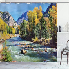 ABAKUHAUS Landscape Shower Curtain, Mountains of Colorado, Fabric Fabric Bathroom Decoration Set with Hooks, 175 x 200 cm, Yellow Blue Green