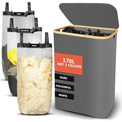 SOUTHGATE 170L Laundry Basket, 3 Compartments with Lid, Foldable Laundry Basket with Removable Laundry Bag, XXL Laundry Sorter, Laundry Basket, 3 Compartments, Laundry Box, Laundry Bin, Waterproof,