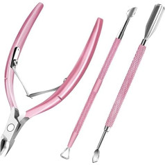 Cuticle Cutter with Cuticle Pusher and Scissors, Cuticle Remover, Professional Durable Pedicure Manicure Tools, Stainless Steel Cuticle Nipper Cutter Clipper for Fingernails and Toenails, Pink