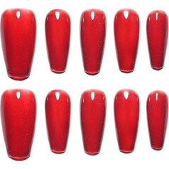 Sun&Beam Nails Handmade False Nails Medium Long Coffin Shape Ballerina Nails for Sticking in Red Plain Magnetic Minimalist Design with Adhesive Pads Pack of 10 (#164 L)