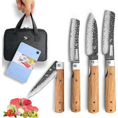SENBON 440 Forged Stainless Steel Portable Kitchen Knife, Foldable Chef's Knife, Fruit Knife, 4-Piece Set with Olive Wood Handle