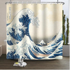 Xiaoterna Traditional Japanese Painting Shower Curtain Japanese Ocean Waves Bath Curtain Abstract Sea Waves Wooden Boat Shower Curtain Washable Waterproof Fabric Bathroom Decoration 200 x 180 cm