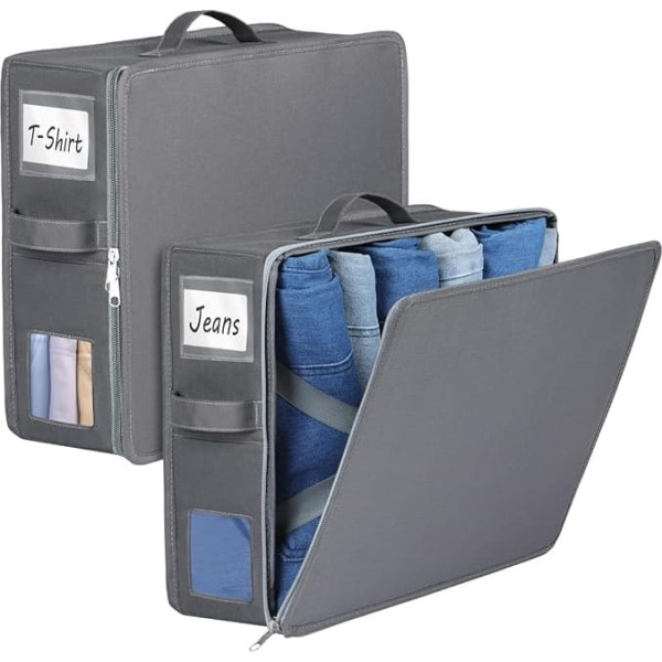 Syeeiex Pack of 2 Wardrobe Storage Box, Foldable Wardrobe Organiser System with Zips & Window, Oxford Storage Bag for Clothes, Trousers, T-Shirt, Bed Sheet
