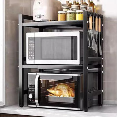 Microwave Rack, Expandable Microwave Shelf, 3 Tier Microwave Rack, Carbon Steel Over Microwave Rack, Width 40-63cm, Adjustable Kitchen Counter Organizer with 6 Hooks (3-Tier, Black)