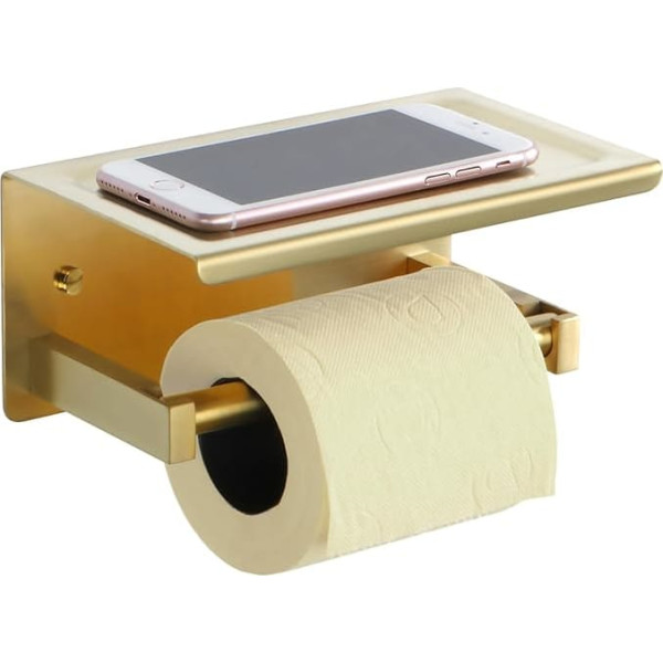 Mooche 304 Stainless Steel Toilet Paper Holder with 18.5 cm Shelf, Toilet Paper Holder for Drilling with Concealed Screws, Bathroom Accessories, Gold