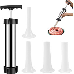 Sausage Stuffer, Manual Sausage Stuffer, Manual Sausage Machine, Hand-Operated Sausage Filler, Sausage Syringe, Stainless Steel Sausage Machine with 4 Different Filling Tubes, 25 x 10 cm
