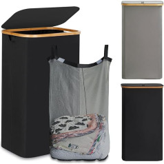 Ulife Mall Black Laundry Basket with Lid, 100 Litres, Laundry Basket Collector with Bamboo Handle Handles and Inner Pocket, Laundry Baskets for Laundry Room, Bedroom, Bathroom