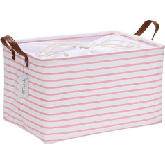 Hinwo 31L Storage Basket with Large Capacity Canvas Storage Container Made of Fabric, Foldable Storage Box with PU Leather Handles and Drawstring Closure, 16.5 x 11.8 Inches, Pink Stripe