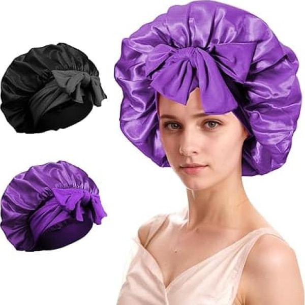 Silk Satin Hair Cap for Sleeping - 2 Pieces Silk Sleep Caps for Women, Curly Hair, Soft Breathable Satin Bonnet with Tie, Hair Wrap Cap for Sleeping (#06)
