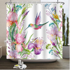Bovlleetd 180 x 200 cm Watercolour Flower Bird Shower Curtain Colourful Hummingbird Plant Flowers Bathroom Curtain Funny Animal Spring Landscape Shower Curtains with Hooks Bath Curtain