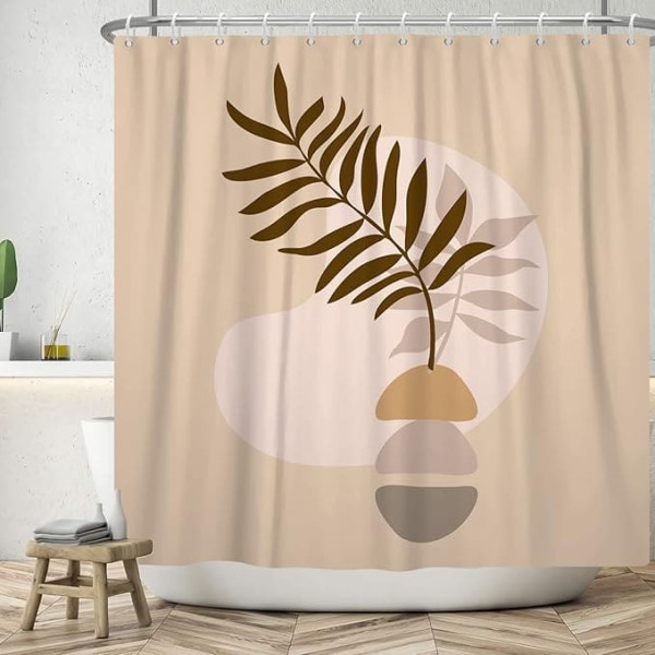 ASDCXZ Boho Shower Curtain 180 x 180 cm, Modern Abstract Art Boho Style Brown Leaves Beige Bathroom Washable Shower Curtains Polyester Textile Waterproof Bath Curtain for Bathtub with 12 Hooks