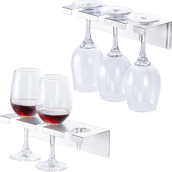 LOXSUN Pack of 2 Wine Glass Holders, Hanging, No Drilling, Self-Adhesive Glass Holder Made of Stainless Steel for Wall and Cabinets, Silver