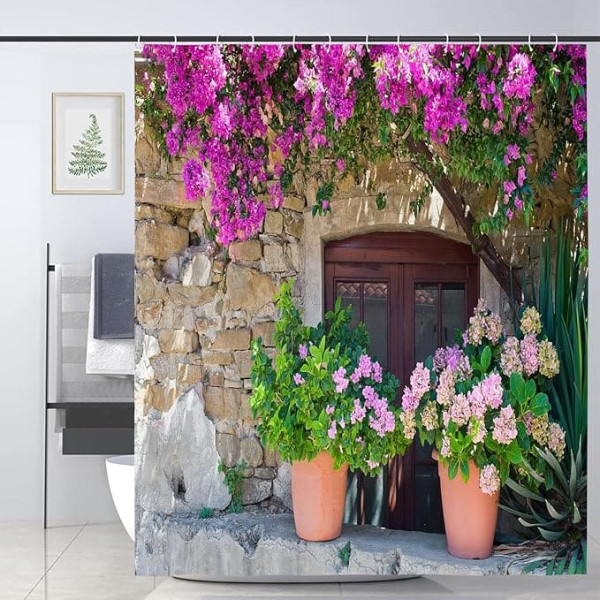 JOOCAR Italian Shower Curtain View of Stone Wall House with Flower Pot Red Purple Flower in Italy Country Town Garden Bath Curtain Waterproof Shower Curtains for Bathroom Decor 183 x 183 cm