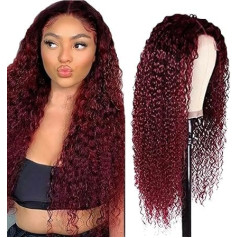 AiPliantfis Curly Wave Human Hair Wig Red 4x4 Real Hair Wig Women 1B99J Ombre Glueless Human Hair with Natural Hairline Free Part Bleached Knot Brazilian Remy Hair 28 Inches