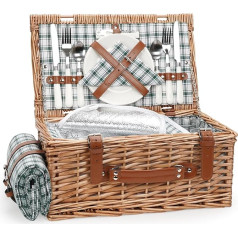 Wicker Picnic Basket Set for 2 Person with Waterproof Picnic Blanket and Large Insulated Cooler Compartment, Willow Picnic Basket with Cutlery Service Kits for Camping, Wedding (Green)