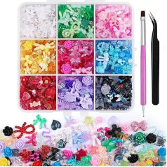 Kikonoke 3D Nail Art Charms 9 Farben Blume Schmetterling Schleife Kaninchen Nail Gems Rosa Schwarz Weiß Nail Charms für Nail Art, Basteln und Dekorieren mit Pinzette und Pinsel (Regenbogen)
