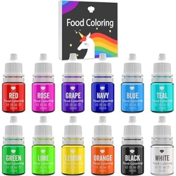 Food Colouring - 12 Vibrant Food Colours for Baking, Cake Decorating, Icing, Biscuits, Fondant and Macaron - Liquid Food Colouring for Soap Making and Crafts - 12 x 6 ml