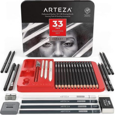 Arteza Adult Drawing Set - Drawing Pencils Set of 33 Brushes Includes 20 Graphite and 4 Carbon Pencils, 1 Fineliner, 3 Paper Squeegees, 1 Sharpener, 3 Erasers and 1 Hobby Knife