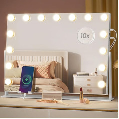 SONGMICS Makeup Mirror with Lighting, 58 x 43 cm, Cosmetic Mirror with 15 LED Bulbs, with Charging Ports, Touch Control, 3 Light Colours, Dimmable, Mobile Phone Holder, Matte White LWM001W02