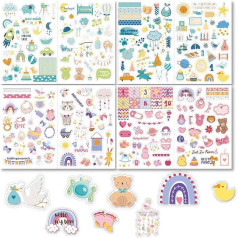 Sticker Babyalbum Aufkleber Fotoalbum, 4 Bögen 215 Motiven Kinder und Baby Fotoalben, für DIY Scrapbooking Aufkleber zum Gestalten, Baby-Scrapbook-Aufkleber, Babyparty Geschenk Scrapbook Zubehör