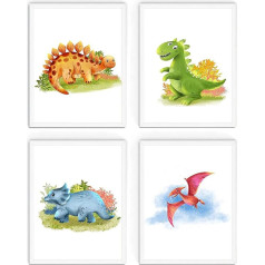 WIETRE® Set of 4 Pictures Dinosaur Children's Room Baby Room Decoration Picture Boy Girl Poster DIN A4 Dinos T-Rex Animals (with White Frame)