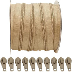 25 Metres Zip Nylon Continuous + 10 Automatic 5# Metal Sliders, Zip for Sewing Clothes, Zip Sold by the Metre (Sand 467, 25 m + 10C)