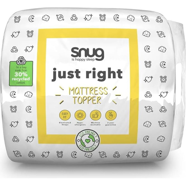 Snug Just Right Double or King Mattress Topper Soft Fluffy Quilted Microfibre Cover with Elastic Corner Straps White (135cmx190cm) (150cmx200cm) (King)