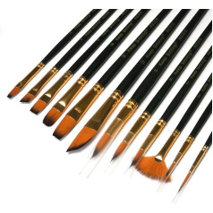 12 Piece Artist Brush Set Synthetic Sable Hair for Acrylic, Oil and Watercolor Painting - Full Range of Sizes and Shapes