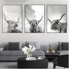 LXTOPN Highland Cow Canvas Pictures, Highland Cow Picture, Set of 3 Black and White Highland Cow Posters for Bedroom, Living Room, Modern Decoration, No Frame (Black White, 40 x 60 cm)
