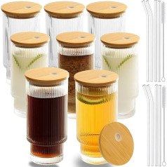 CAYOREPO Ribbed Tumblers with Bamboo Lids and Straws, Ribbed Glass Cups, Stackable Glasses, Vintage Water Glasses for Juice, Beer, Coffee, Tea and Cocktails, Transparent, Pack of 8