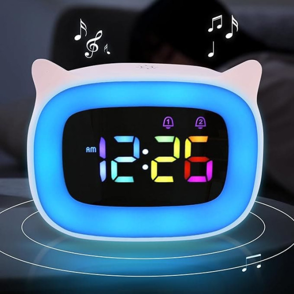 Children's Alarm Clock, Digital Children's Alarm Clock with Light Alarm Clock Children Girls Boys Children Alarm Clock with Snooze Function with Night Light 18 Ringtones Dual Alarm Snooze Modes 12/24