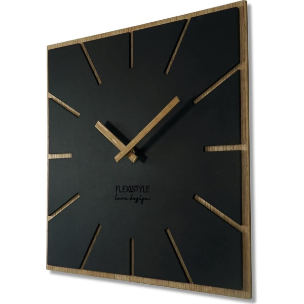 FLEXISTYLE Modern Large Wall Clock Square Wood Exact ECO Silent Living Room Bedroom Made in EU (Black, 40cm)