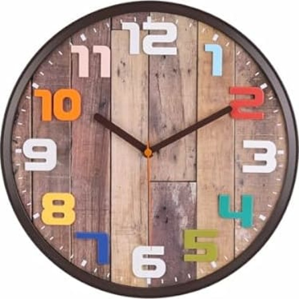 Topkey Wood Effect Wall Clock Silent Non Ticking Colorful Decorative Round Clock for Living Room Bedroom Office (Battery Not Included)