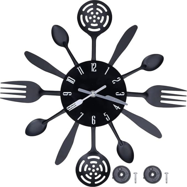 EVTSCAN Black Kitchen Wall Clock - Modern Removable Wall Clock Room Decoration Wall Clock with Cutlery Spoon Fork Shape Decor for Home Kitchen/Restaurant