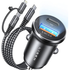 LISEN PD&QC3.0 Cigarette Lighter USB C Car Charger 54 W Car Charger USB Cigarette Lighter Adapter 12 V USB Adapter Car Charger with USB C to C/Lightning for Samsung S24 iPad iPhone 16 Pro 15