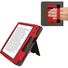 kwmobile Case Compatible with Kobo Kobo Libra Colour / Tolino Vision Colour Case - Flip Case with Hand Strap - Faux Leather Cover - Red Dark Grey