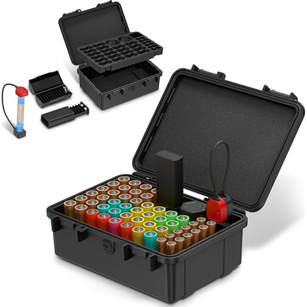 Batterie-Organisator Aufbewahrungskoffer mit kleinem Batterietester, IP68 wasserdichter Hartbatteriebehälter für 40 AA & 12 AAA & 12 CR2032 CR2025 Lithium Münzen & 18 LR44/2 D Haushaltsbatterien